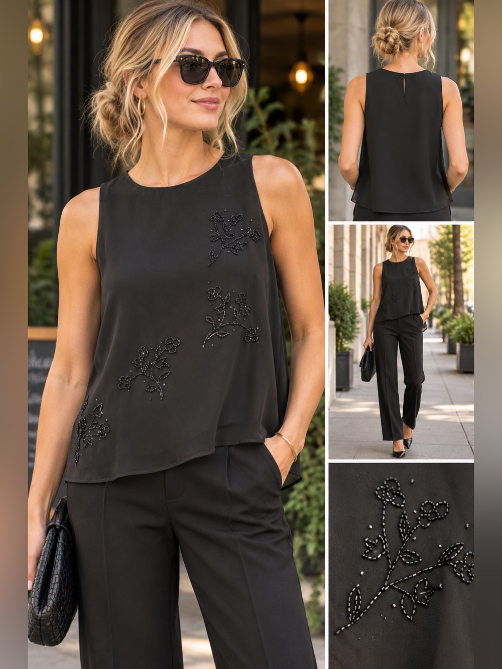 Beaded Floral Black Sleeveless Camisole